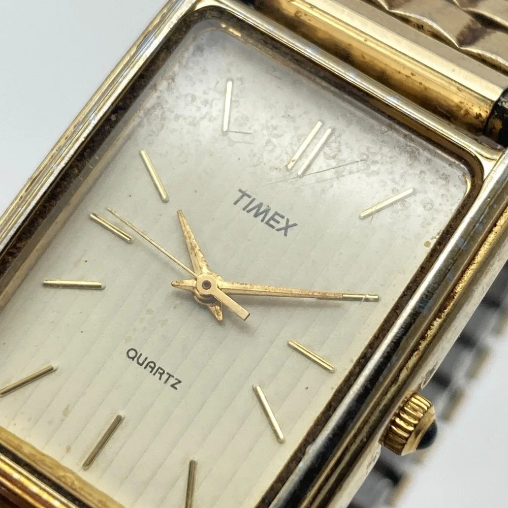 Vintage Timex Men's Tank Watch 25mm Gold Tone Striped Dial New Battery 7